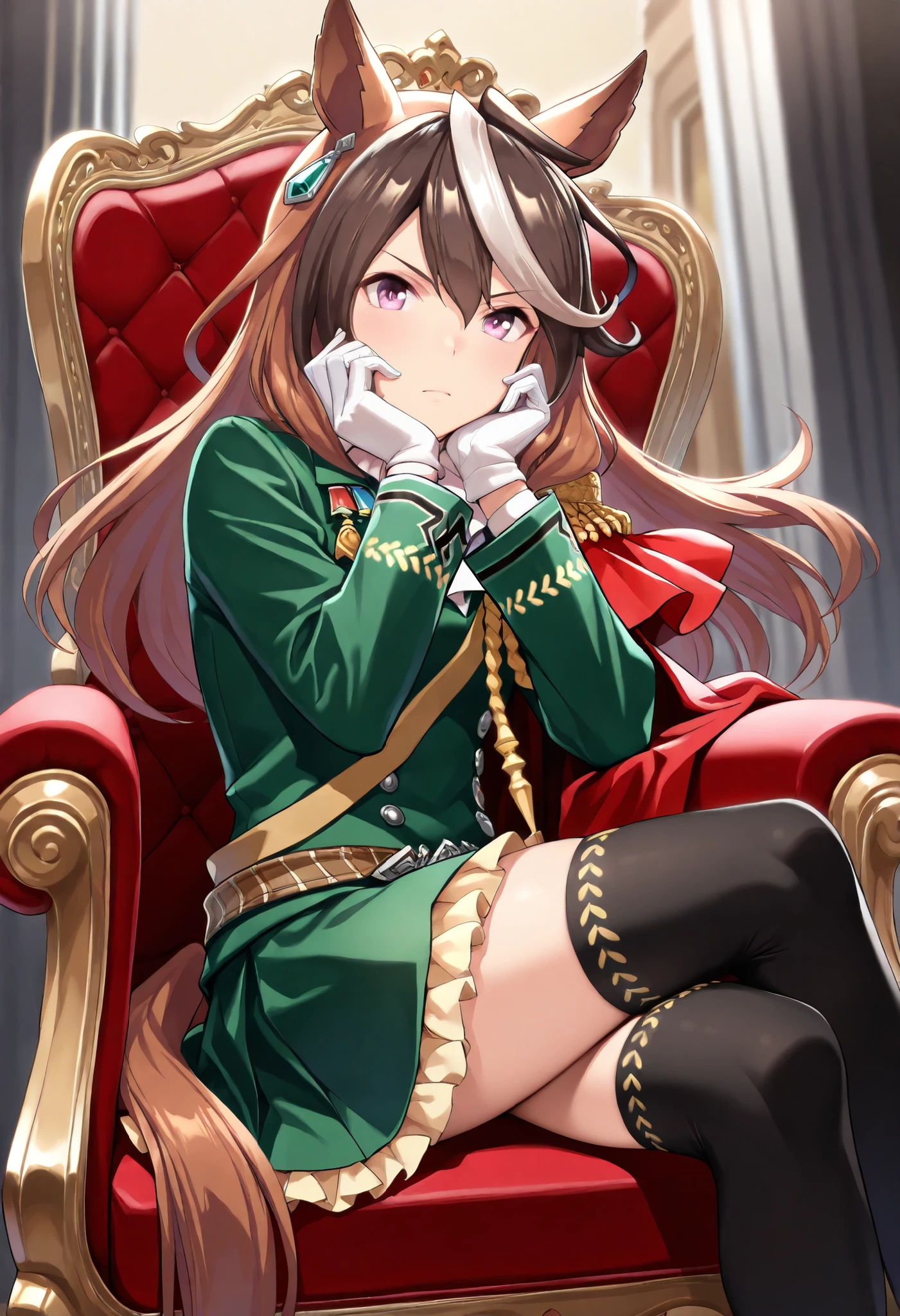 (masterpiece, best quality, perfect face:1.4), wide angle, symboli rudolf \(umamusume\), 1girl, floating hair, brown hair, long hair, multicolored hair, horse ears, ear ornament, horse tail, tail on the lower back, proportional body, proportional, beautiful hair, beautiful face, beautiful detailed eyes, beautiful clavicle, beautiful body, beautiful chest, beautiful thigh, beautiful legs, beautiful fingers, looking at viewer, BREAK, epaulettes, single epaulette, black thighhighs, long sleeves, from side, white gloves, aiguillette, green jacket,, yellow frilled green skirt, red side cape, brown belt, BREAK,sitting, on a throne, legs crossed, elbows on a chair, hands on cheeks, BREAK, serious expression, serious face, angry, textured skin, realistic skin, HDR, BREAK, good hands,