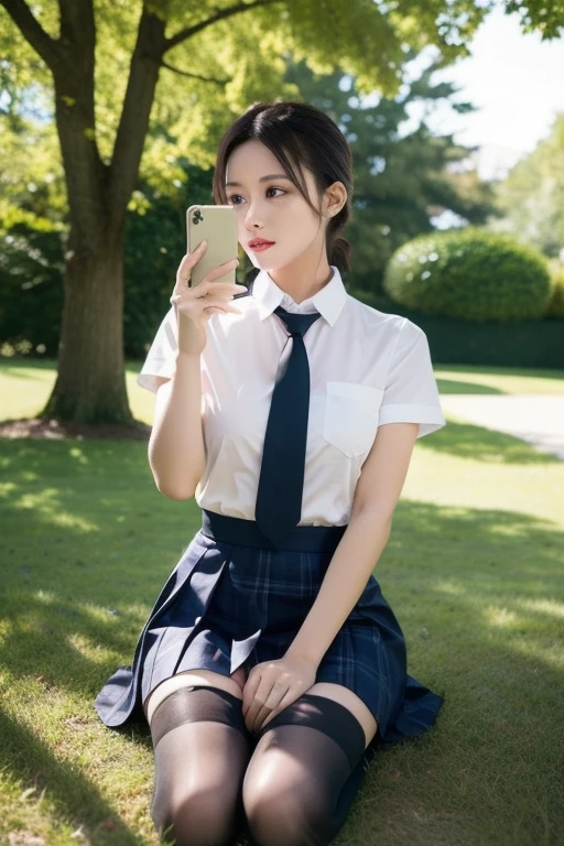 a RAW photo of girl, (masterpiece:1.4), best quality, ultra high res, high detailed, (photorealistic:1.4), face detail, detailed eyes, detailed face, 1girl, (full body), (14 yo girl), (white skin:1.3), pink lips, (tears), (sad), (sweaty:1.2), (school uniform), (short skirt), (thighs black stocking), (medium black hair), ((sitting at flower fields)), sunny weather, ((crotch visible)), (tired), (medium breast:1.2), focus on viewers, glowing light, Surrealism, feet out of frame, ((from below)), ((front view)), (textured skin), caustics, f/16, Nikon, 135mm, UHD, retina, super detail, best quality, 8k
