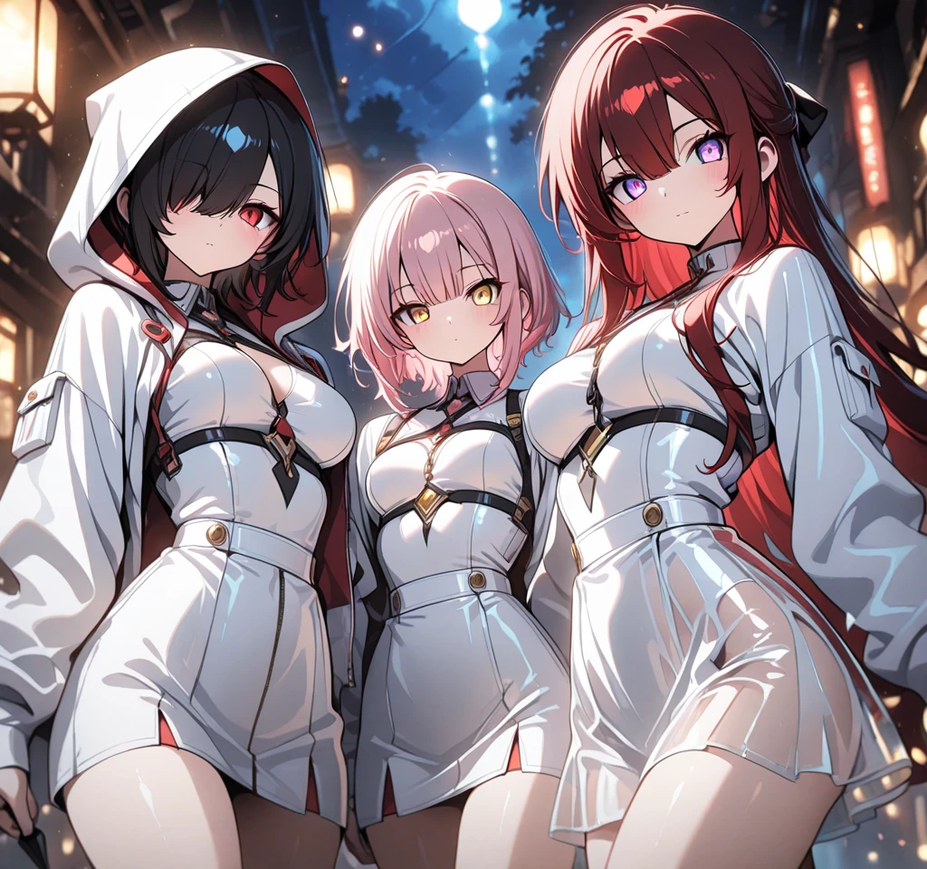 3 girls, multiple girls, multiple focus, side by side BREAK 
[1 girl, Lilli, violet eyes, light pink hair, short hair, cool, beautiful, medium breast, very cute, lovely, kawaii] BREAK [1 girl , ShanRyu, golden eyes , very long hair , long sidelocks, red hair ,half updo, petite , very cute , beautiful ,Straight hair, cool, handsome, hair between eyes, sexy, medium breasts]  BREAK [ 1girl, Kuroki Monika, black hair, very long hair, hair over right eye, red eyes, medium breasts, (petite but curvy, very cute) ] BREAK bubbles, headgear, form-fitting white catsuit, see-through skirt, cleavage, Hinata style,  looking at viewer,forehead protector, blunt bangs, long sleeve hood, cinematic lighting, dynamic pose, night scene, kunai, stealthy, vibrant colors"cinematic lighting , cinematic angle, soft light , color detail, backlighting, Depth of field, long exposure, light steps,  intricate colors, vibrant colors,Shining eyes