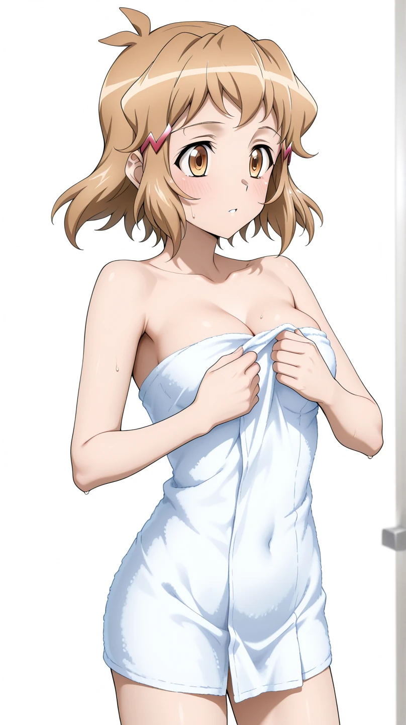 ((masutepiece, Best Quality, hight resolution, nffsw, Perfect Pixel, depth of fields, 4K, )), 1girl in, Solo, , Beautiful anime girl, Beautiful Art Style, close up, Looking at Viewer, Perfect body, Yuigahama Yui, Short hair, pink hair, hairbun, hair braid, (large boob), smiling, see through white dress, breasts, nipples, hands on hips, blank white background, cowboy shot
