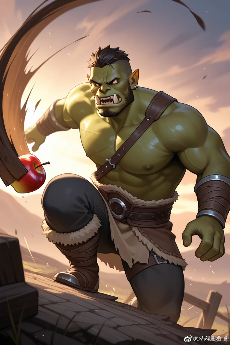 A man in front of a bonfire. Patchy green and white skin. Hyper muscles. Loin cloth. Big bulging crotch. Hyper crotch bulge. Hypnosis. Brainwashing. Brainwashed. Hypnotized. Growing tusks. Tribal orc warrior transformation. "Drums ... can't ... think. I ... Me ... Orc.... Lok'tar...." Growing muscles. thick brow ridge. Dumber and dumber. Brute.
