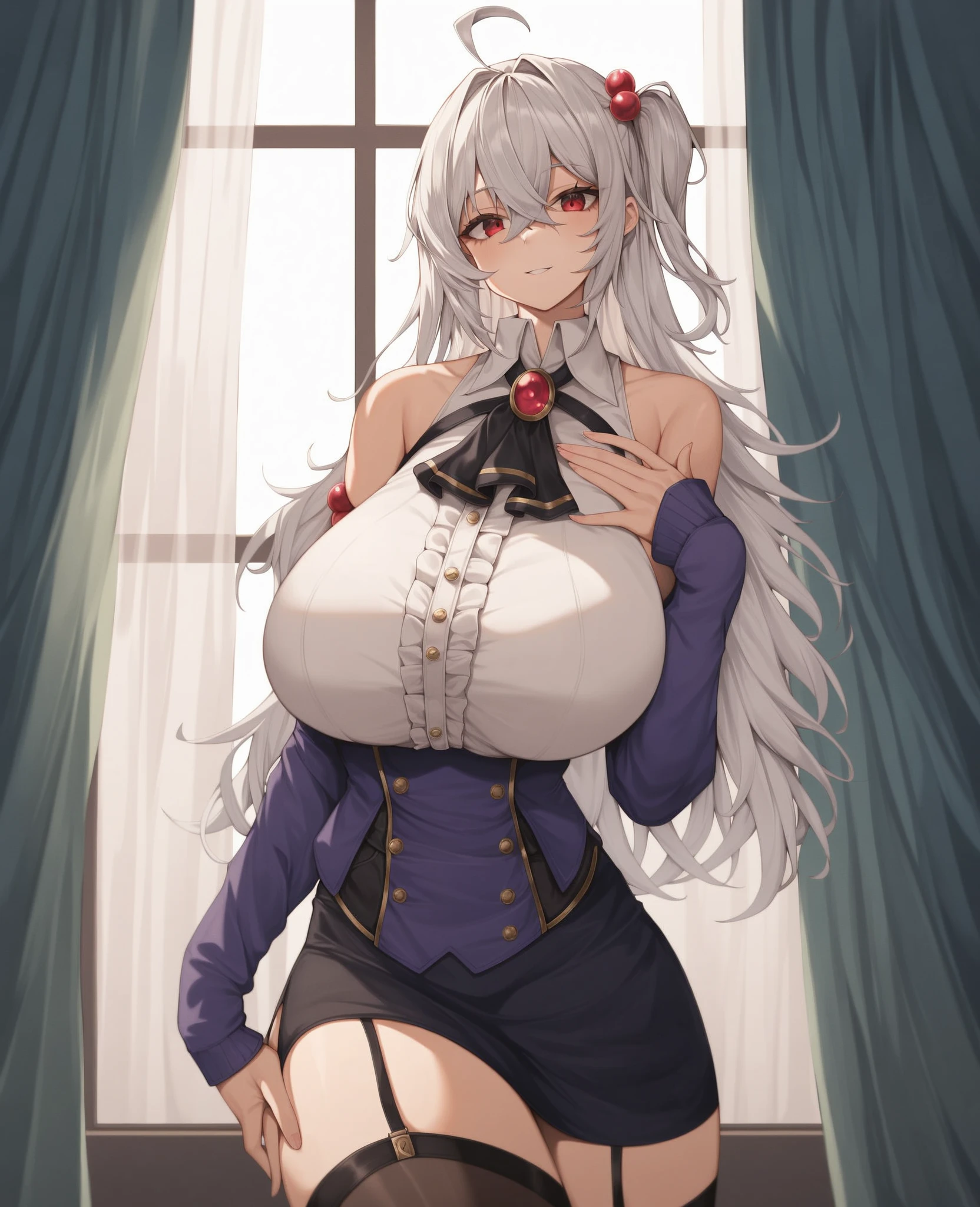 Best quality, highly detailed, masterpiece, super detailed, (realism: 1.2), 1 girl, (white background), simple background, delicate eyes, silver hair, purple eyes, hair_ornament, (white off-the-shoulder shirt: 1.3), long hair, pointed ears, crown braids, expressionless face, straight hair, (++ sitting: 1.2), big breasts,