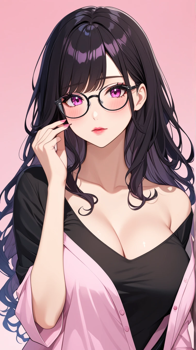 Sexy and cute woman, black hair in a ponytail, glasses, perfect lips parted, purple knitted off shoulder sweater, bare shoulders, black pants, lying on bed, head on pillow, facing up, seductive gaze and smile, blushing intensely, medium chest, cleavage, perfect body