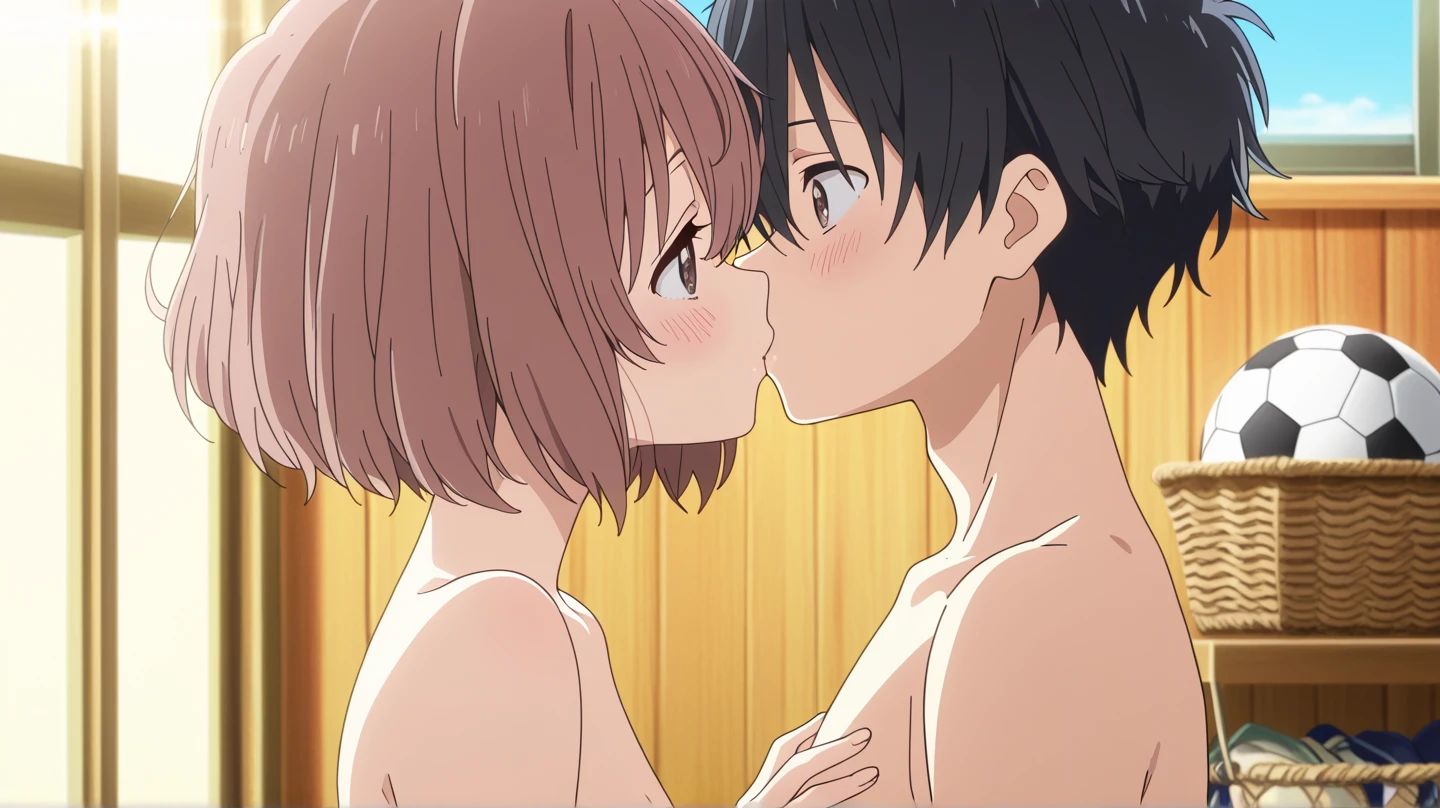 One girl with black bob hair、Completely naked、Sexual 、Kissing a man、Standing posture、classroom、Shyness、Crying face、resistance、fear