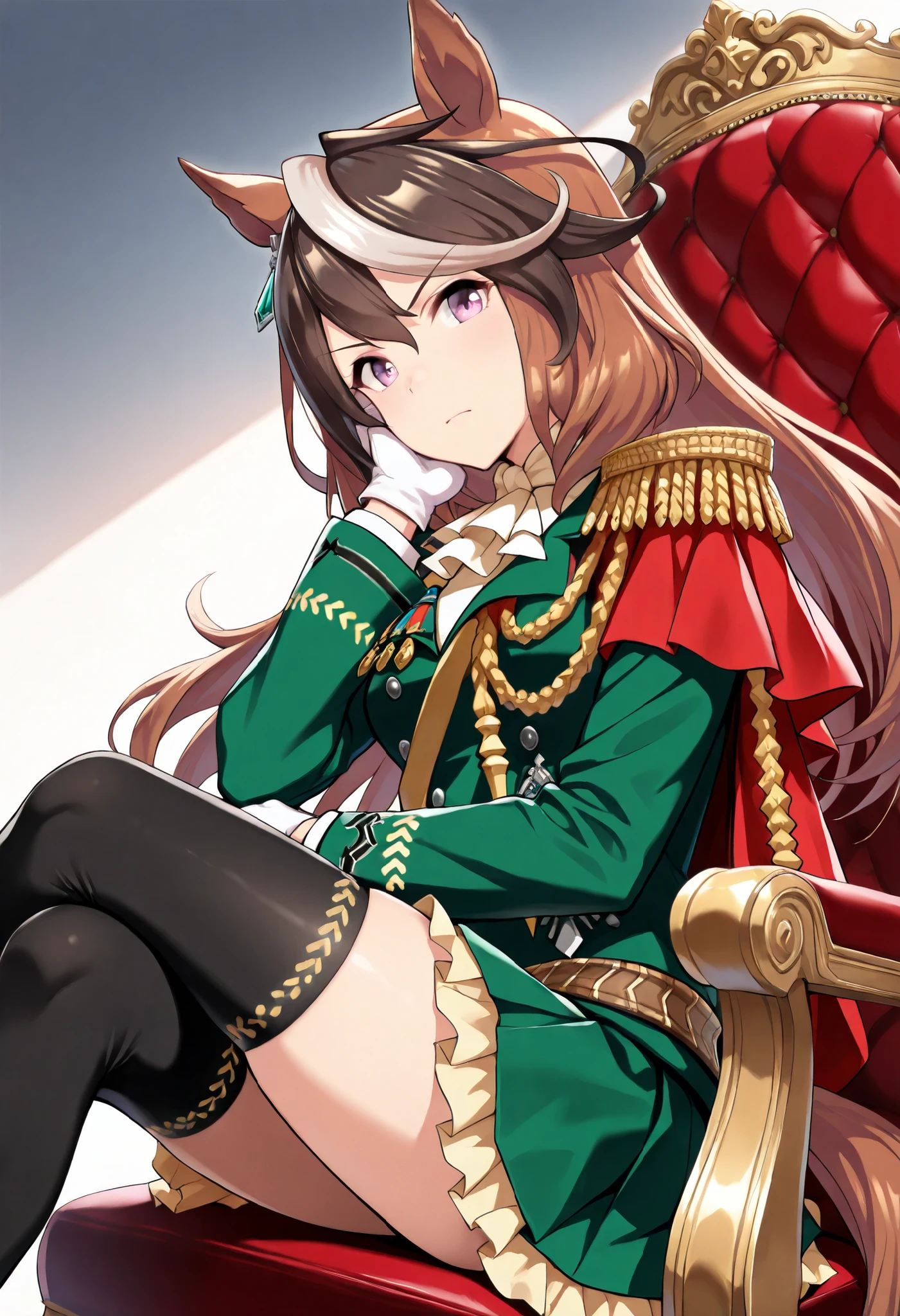 (masterpiece, best quality, perfect face:1.4), wide angle, symboli rudolf \(umamusume\), 1girl, floating hair, brown hair, long hair, multicolored hair, horse ears, ear ornament, horse tail, tail on the lower back, proportional body, proportional, beautiful hair, beautiful face, beautiful detailed eyes, beautiful clavicle, beautiful body, beautiful chest, beautiful thigh, beautiful legs, beautiful fingers, looking at viewer, BREAK, epaulettes, single epaulette, black thighhighs, long sleeves, from side, white gloves, aiguillette, green jacket,, yellow frilled green skirt, red side cape, brown belt, BREAK, sitting on the throne, legs crossed, one elbow on the chair, one hand on the cheek, BREAK, serious expression, serious face, angry, textured skin, realistic skin, HDR, BREAK, good hands,