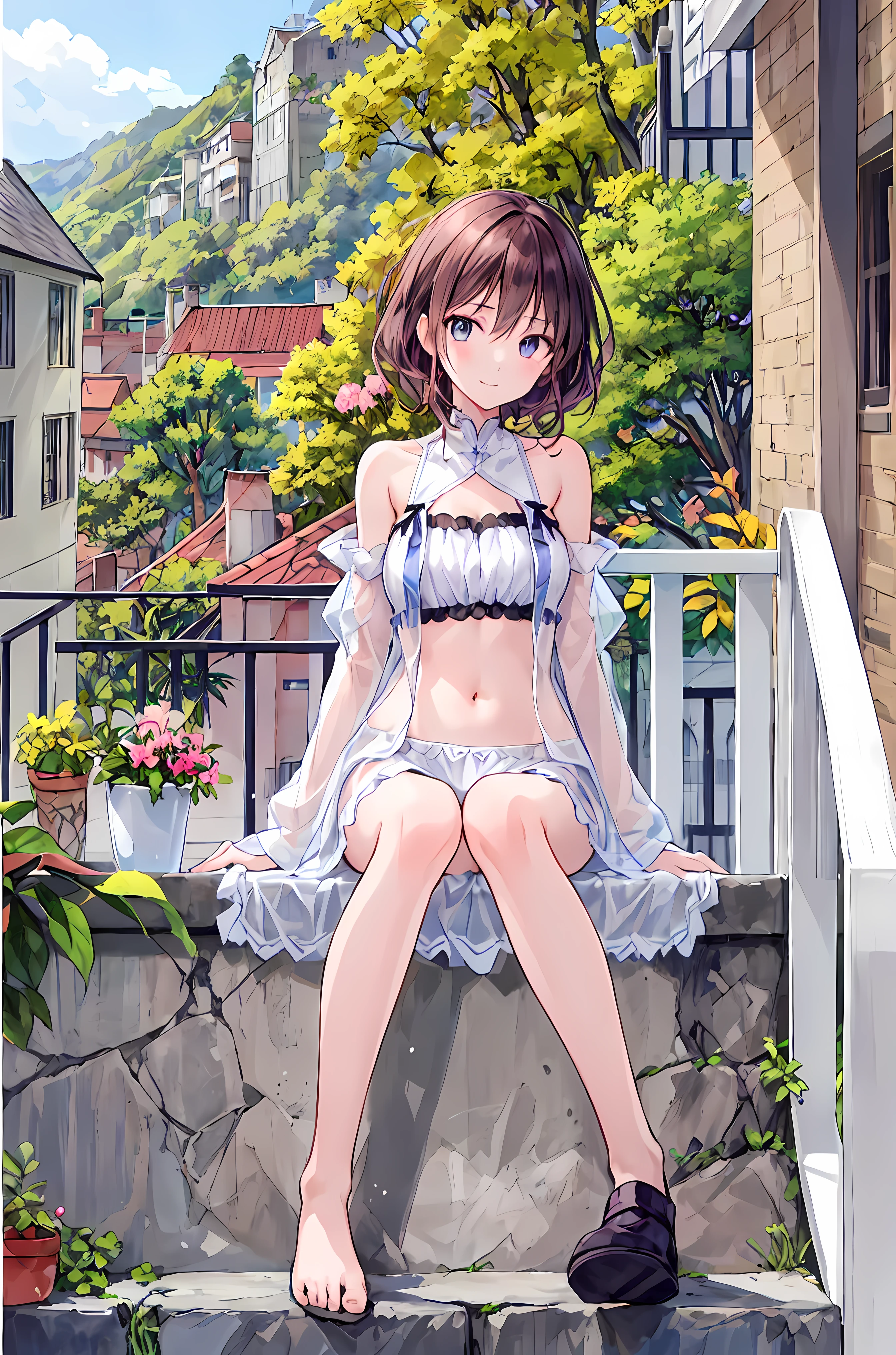 Masterpiece、Highest quality、Highest quality, (long and thin legs, shoes:1.2), Arm behind wrist, squat、Spread your legs、1 girl, (smile、Open your mouth大笑い:1.2), Cute eyes, (Detailed face:1.3)、Open your mouth, The whole face turns red, alone, Oversized breasts, Big and ample breasts, (Straight bangs, bowl cut:1.2), White maid outfit、(Bust only micro bikini)、Side bust、Underbust、belly button、Walking through the mansion'corridor、nsfw、shoes下