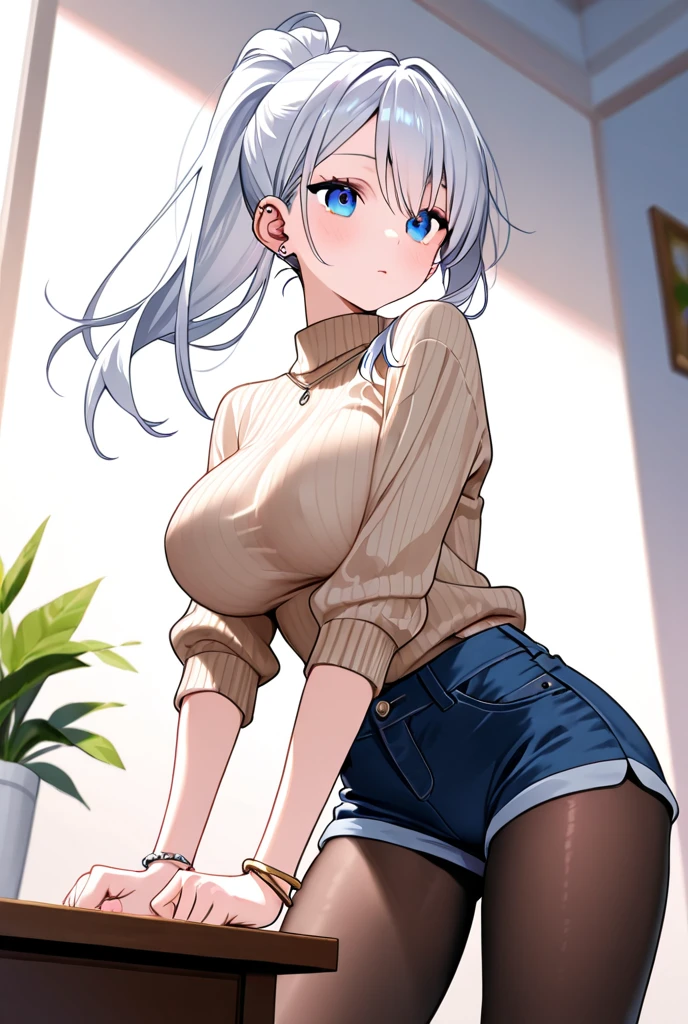 (Highest quality、Masterpiece、Very detailed、4K)、One Woman、17 years old、Big Breasts、(sweater)、Panties、(standing split)