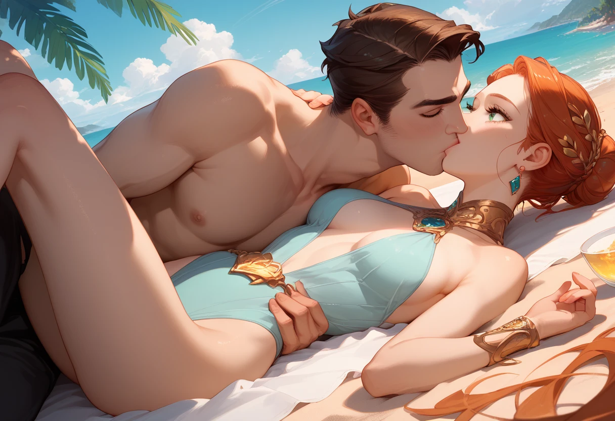 Man and woman, staring intently to eyes. No one look at front. Man Hugging woman from back and kissing, Lovers. Hand on the waist. Hand on the neck. The girl is a beautiful mermaid on the sea with golden tails.
20-year-old boy and 18-year-old girl. Detailed face, Detailed eyes, double eyelid, cute, sunny, warm vibes, Handsome-cool-warm-boy with brown hair and hot-seductive-sexy-cute-beautiful-girl with brown hair and blushing face. Intimate vibes.