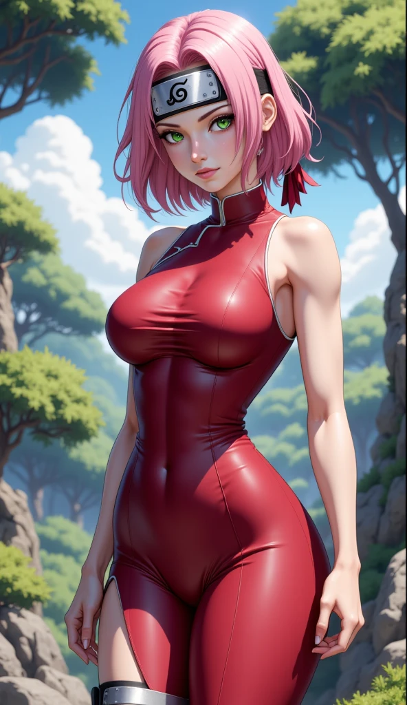 1girl, solo, full body, boots, gloves, masterpiece, (high detail:1 1), Rough face, Natural skin, high quality, NSFW, Sakura Haruno，(Forehead mark), (red headband), pink hair, short detailed hair, (French braid), Green eyes，（Big breasts:1.2 ），( smile:1.2），Face blush, (arm behind head:1.5),（cleavage:1.4），Sexy figure, perfect bodies, beautiful eyes, (Detailed face and eyes), (face: 1 2), voices, Extra, real photo, ... ... ........... PSD, sharp focus, contrast lighting, Delicate skin, High definition 8K, incredible details, realistic, professional photo shooting, 8K UHD, SLR camera, soft lighting , high high quality, film grain, Fujifilm XT3, magic, particle FX, in the forest, dark forest, horror forest, looking at viewer, Cherry blossom petals, camel toes, nipples, wet, very wet, (sweaty armpit), (armpit), cameltoe, very wet, wet body, wet hair, (tight turtleneck t-shirt), ((Red turtle neck shirt)), boots, ((pink leather pants)), (looking at viewer), (dark forest), (smile of her beautiful face) beautiful smile, (big smile), happy face, one arm behind head, (wavy hair), huge ass, (wet clothes), (see-through clothes), (clothes see-through), wet clothes, NSFW, (((sitting on the bench))), (((legs opened))), (((cameltoe)))