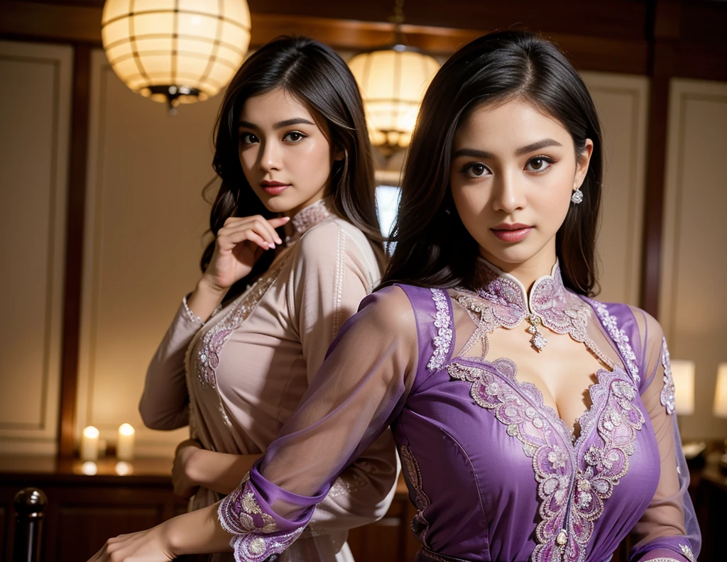 1 men and 2 wife Indonesian-Dutch girl, long fashion hair, fit body, small cleavage, skintight black lace kebaya, batik skirt, masterpiece, highly detailed, ultra hd, 8k, detailed face, bright eyes, perfect eyes, detailed skin texture, detailed lips, sexy lips, perfect hands, dynamic angle, cowboy shot
