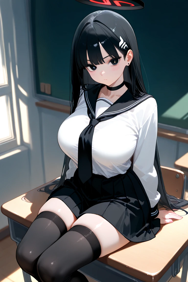 1 girl, glasses, (full body:1.2), sitting, (angle from below:1.1), (angle from the side:1.1), smile, (slim body:1.2), (huge breasts:1.5), (slender and long legs:1.1), black hair, short hair, high , sailor, pleated skirt, (blue socks:1.1), brown loafers,