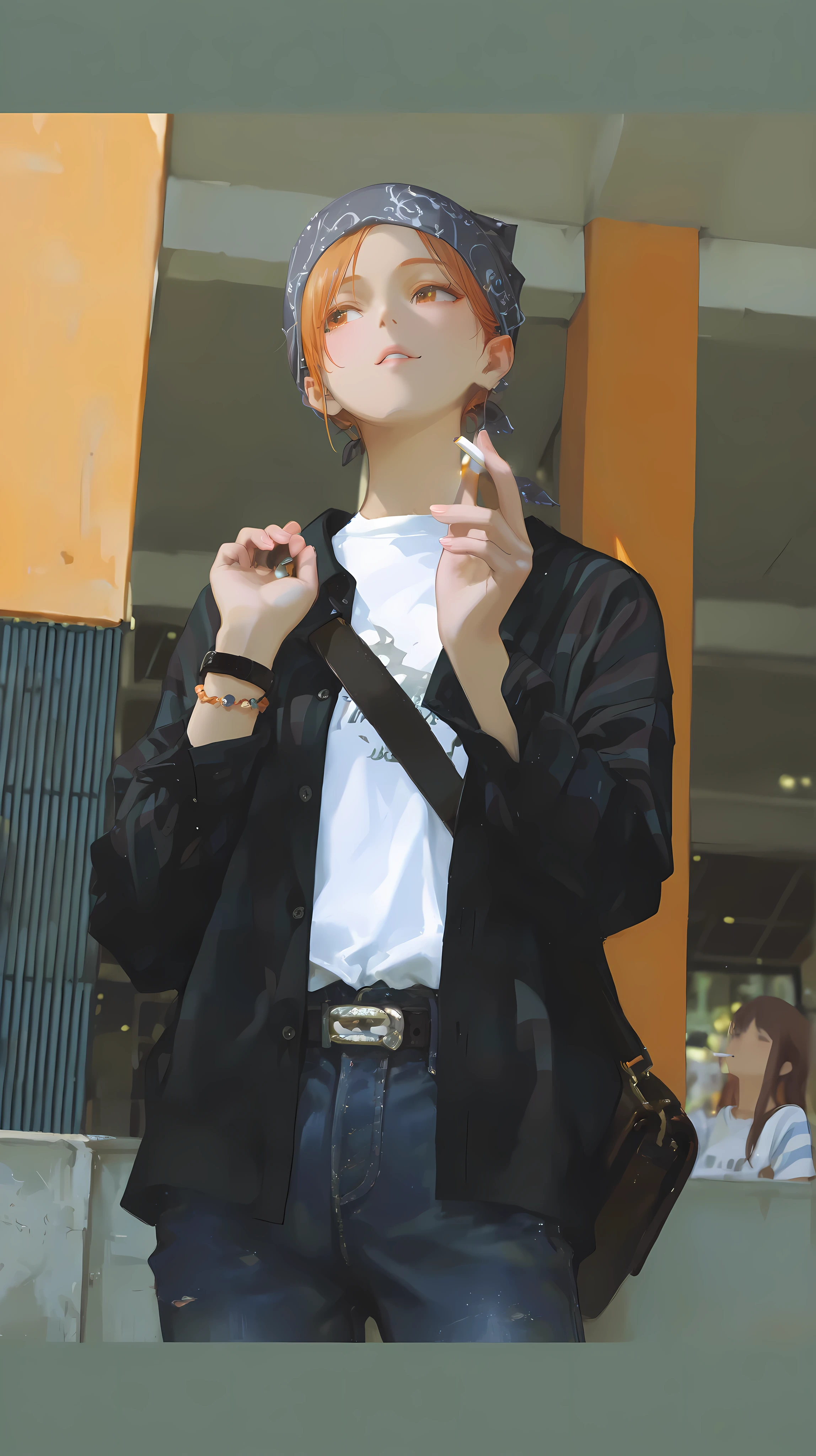 A young individual stands confidently, gazing ahead with relaxed posture. Their casual attire includes a simple white T-shirt layered beneath a black buttoned shirt, complemented by a pair of distressed denim jeans showcasing a ripped design near the knee. A prominent belt with a visible Puma logo cinches the outfit together. Their right hand holds a cigarette, illustrating a moment of idle contemplation, while the left hand grips the strap of a black shoulder bag casually slung across their body. A fashionable black watch adorns the wrist, paired with a thin bracelet, enhancing the casual style. The background features an architectural structure with bold vertical columns in orange, accompanied by a subdued grey upper section. A blurred seated figure, dressed in a pink headscarf and striped shirt, appears in the backdrop. The setting seems outdoors, likely a public space or campus, imparting a youthful, informal vibe.
