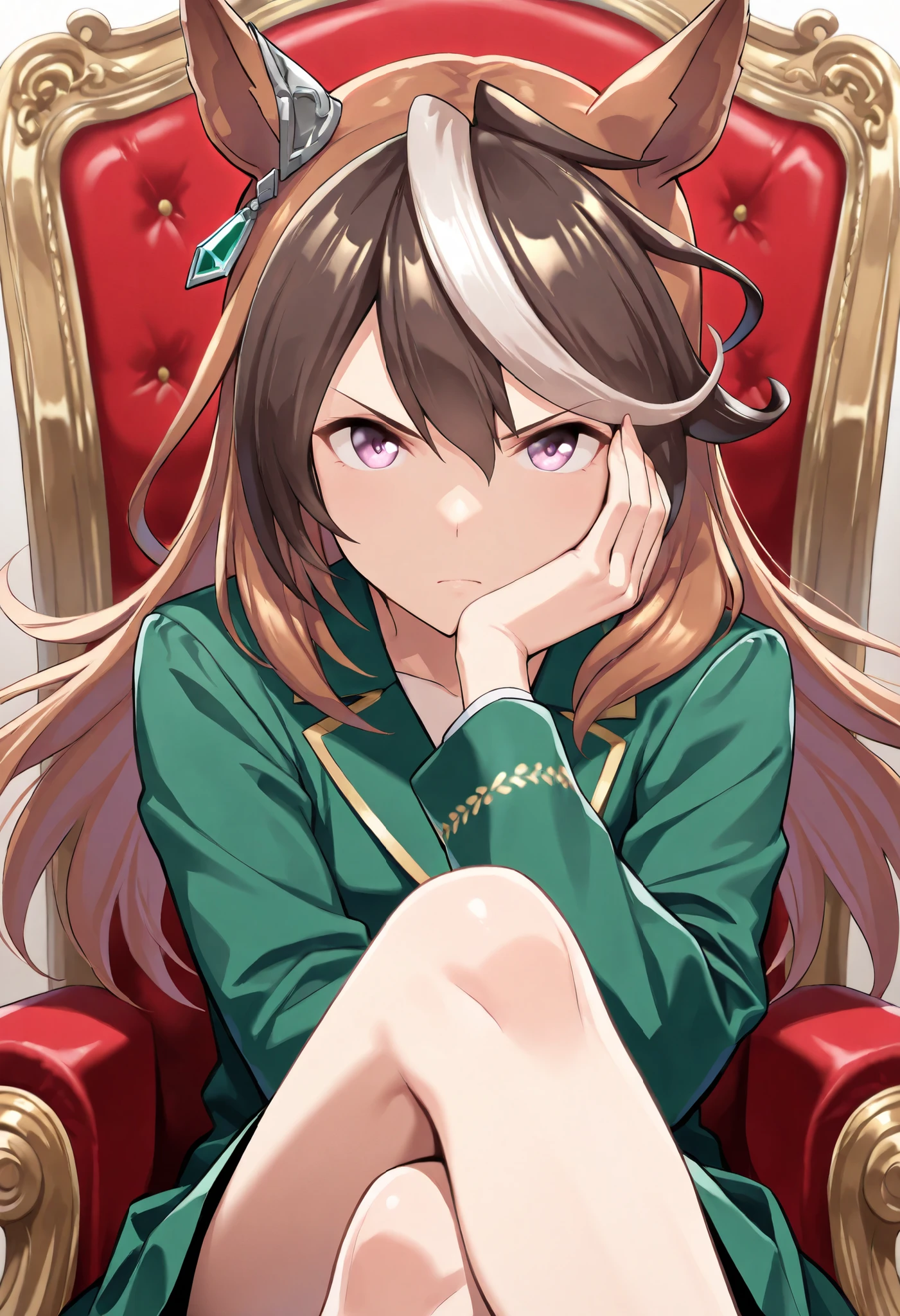 (masterpiece, best quality, perfect face:1.4), (((close up face))), symboli rudolf \(umamusume\), 1girl, floating hair, brown hair, long hair, multicolored hair, horse ears, ear ornament, looking at viewer, BREAK, sitting on the throne, legs crossed, one elbow on the chair, one hand on the cheek, BREAK, serious expression, serious face, angry, textured skin, realistic skin, HDR, BREAK, good hands,