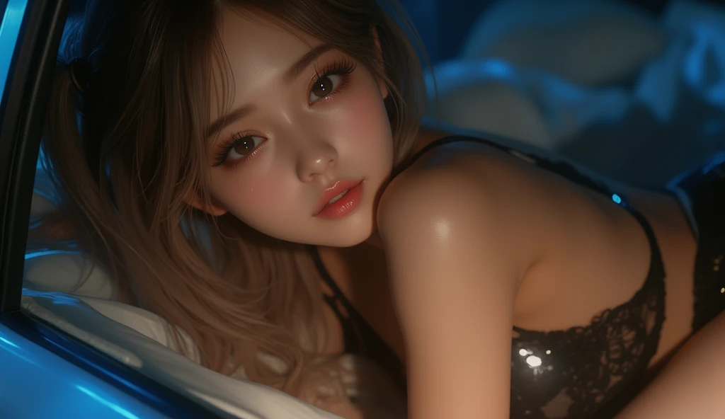 (((ultra realistic))) Photo, masterpiece, top quality, (pale skin), (Ultra detailed face and eyes:1.3), 1 girl, Adult, in a T-shirt, ((Eye makeup, mascara)), (large detailed lips), ((Pink волосы в хвост)), ((Chyolka)) , (Natural breasts), Slim waist. ((Posing)), photoshoot, studio (soft lighting), (The play of light and shadows), depth of field, bokeh, (special attention to skin detail: 1.2), Detailed leather texture, skin pores. (Warm atmosphere of the frame. Color range - purple, Pink, blue tones), UDR, ((Film grain)), ((rays)), (Glare), ((Photo to the waist, view from above)) , ultra detialed, 