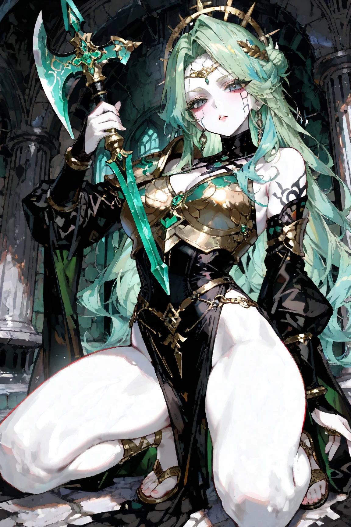 1girl ,blue-green hair,blue-green eyes, arctic warrior, polar, rusty sword, nice clothes, (high resolution, high detail, best quality), calm