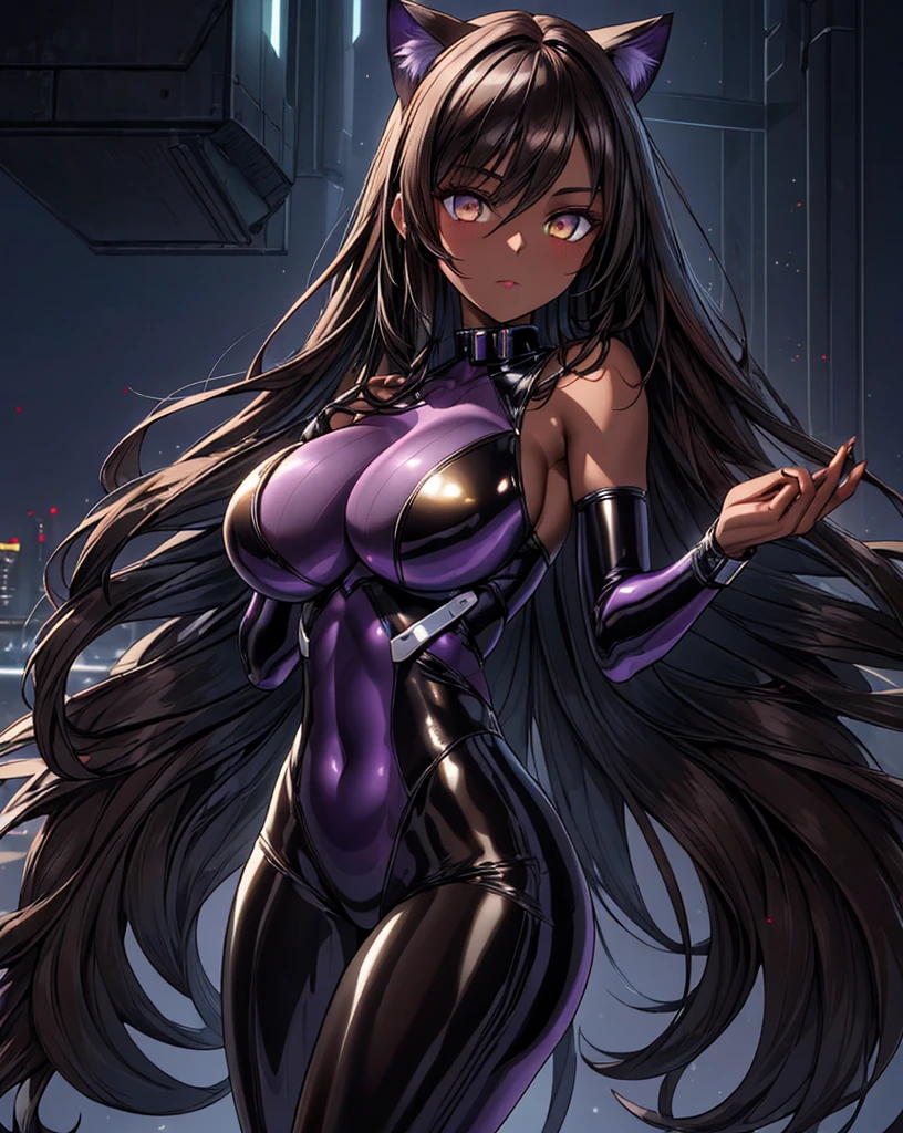 ((Sketch)), ((Watercolor)), ((best quality)), ((masterpiece)), (detailed), 4k image, anime style, beautiful young teenage woman, tanned white skin, oval shaped face, full cherry pink lips, big round velvet colored eyes,D-cup breasts, slender body, gym style full set knee length black unitard, Long and flowing Sleek dark violet purple-black hair tied up in a bun, small narrow waist, small but full curvy hips, height of about 185cm, modern gym background