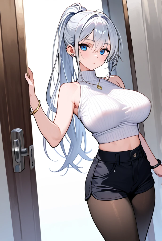 High resolution 8K, NSFW, Bright light illumination, lens flare, sharpness, masterpiece, top-quality, The ultra -The high-definition, high resolution, extremely details CG, subject, (((Inside a lingerie shop))), 1girl, beauty lingerie, panties, bras are displayed on the rack, (((silver hair))), (((pony Tail))), smile, Beautiful Women, Red eyes, Straight hair, long Hair, wear a black T-shirt, wear jeans, high quality material, Showroom, intimate, Pink and gold color scheme,(Natural skin texture Vibrant details, hyper realistic)