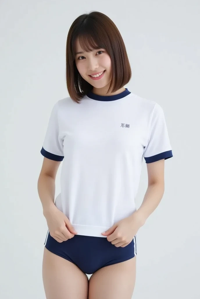 ８K、after being played in high definition、Ultra Details、photoreal、realisticで正確な描写、realisticで正確な人体構造、high definition、Highest Quality、beautiful Japanese girl、masterpiece,Highest Quality, brown long hair taller than the white race  , One person, shirt, alone, gym clothes, realistic, dark blue bloomers,beautiful face,Face Focus, innocent smile、natural makeup、 perfect skin、 charming、Active、cute、、Height: 135cm