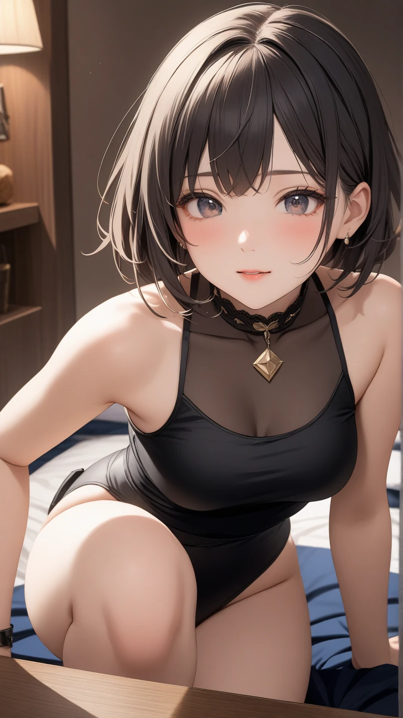 (A superb exquisite yukinoshitaYukino),(yukinoshitaYukino:1.5), brown eyes, black hair, natural straight hair, straight bangs, solo, nature, extremely delicate, straight facial features, peerless beautiful girl, soft, (sensual face), ((ecchi face)), dreamy quality, exaggerated facial features, solid color, frank holly, delicate face, bright lips, slender waist, soft curves, real light and shadow, super fine, 4k, natural moving, Ultra high resolution, (masterpiece:1.2, best quality), (finely detailed beautiful eyes: 1.2), (beautiful detailed face), sexy nude model, sexy pose, (Medium chest), (Perfect Body Proportions), (bedroom), Mekosuji, Spread your legs a little and show off your crotch,