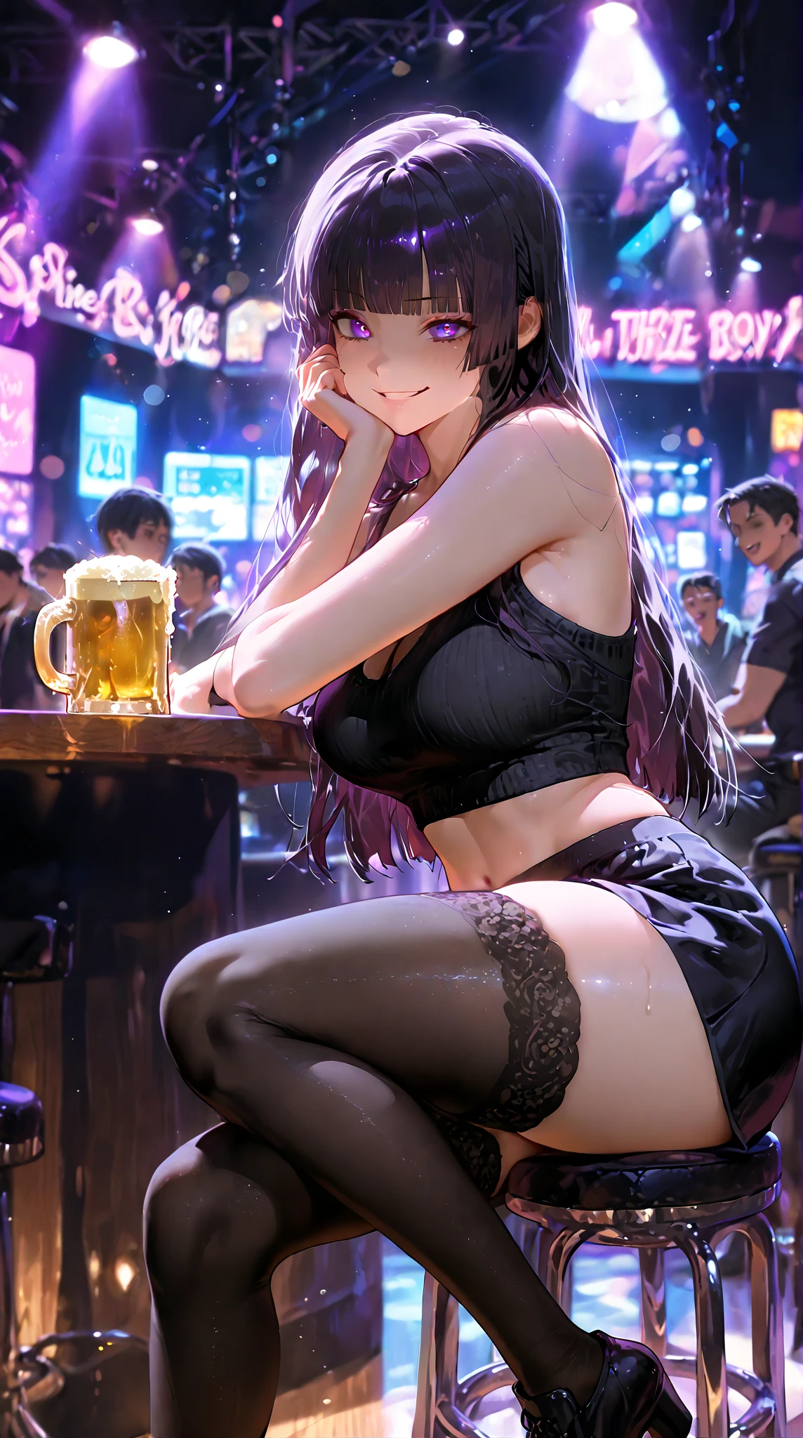 best quality, 4k, high resolution, Masterpiece: 1.2, extremely detailed), sad expression looking at camera, big breasts, 40 year old girl, solo, brunette, fluffy long hair, blue eyes, (drunk, blushing), (sitting, drinking), ((mature sexy body)), black stockings, black off-shoulder dress, holding a glass, counter, bar, (fashionable bar) interior, ((cocktail glass) filled with colorful liquor), (dimly lit room), wine bottle, detailed background, (((night background)))), (((in the bar))), wine, whiskey, highball, (shiny light, effects: 1.2)