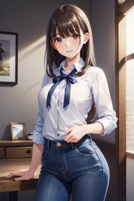 (masutepiece: 1.3), (max resolution: 1.2), (Ultra HDTV: 1.2), cinematric light, Ultra HDTV, (Detailed eyes and skin), (detailed facial features), nffsw, 8K resolution, Sharp Focus: 1.2, Perfect Style, Beautiful face, Perfect body, acurate, Anatomically correct, Highly detailed face and skin texture, Detailed eyes, Dark-blue eyes, Double eyelids, Thin eyebrows, Glitter Eyeliner: 1.2, Natural cheeks, Glossy skin, Fair skin: 1.2, shiny little necklace and earrings, (Glossy lips: 1.4), BREAK, One-person viewpoint, (she is very Cute high school student), (Wearing a Button up shirt, Pleated mini-skirt, Navy tie, high socks), (Seductive smile: 1.2), ((a Innocent and cute girl:1.3)), (Side Ponytail Hairstyle, Wavy Hair), (ligh brown hair:1.2), Medium Long Hair, (Cowboy Shot: 1.2), BREAK, ((Very intimate relationships: 1.2)), medium large breasts, ((Looking at Viewer:1.2)), ((Grab a shirt button.:1.6)), ((In the Extreme narrow school changing room:1.2)), (From Side:1.2),
