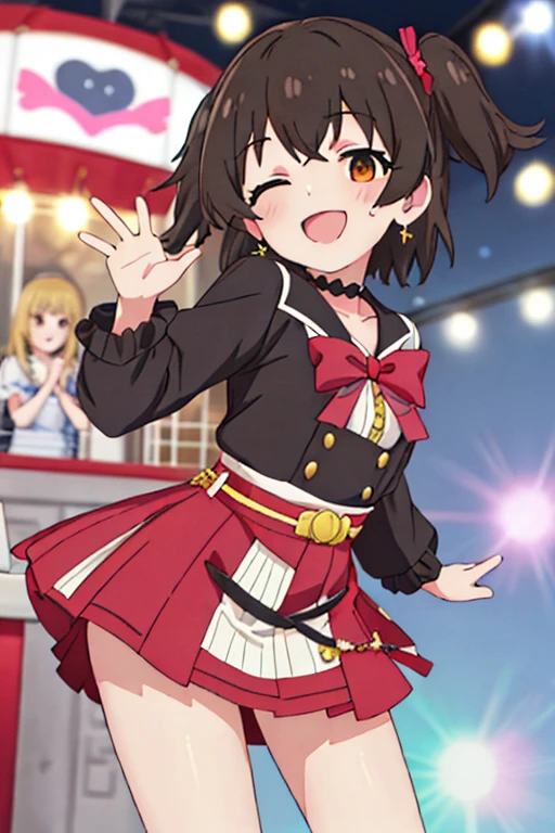 Chibi girl acting on the stage of Hero Sentai、wearing a cute monster costume