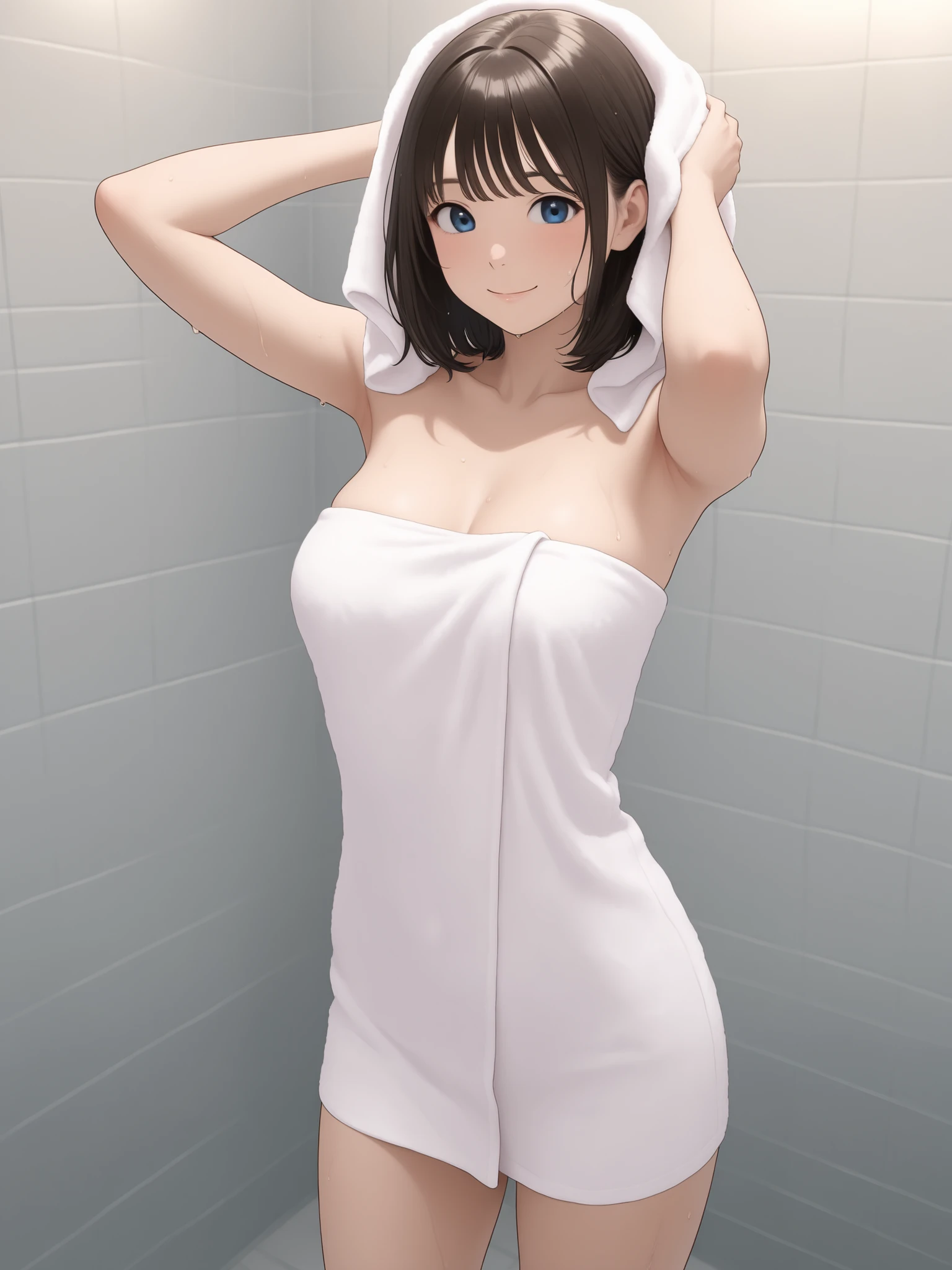 1girl, solo, female_focus, medium_breasts, medium_hair, bob_hairstyle, wearing_bath_towel, drying_hair, bath_towel, wet, after_showering, smile, closed_mouth, blue_eyes, standing, bathroom_tiles_background