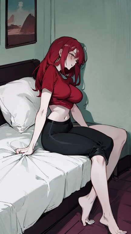 ((Best Quality)), ((Masterpiece)), (detailed), 1 miss , off shoulder sweater, showing feet,with modern gothic style clothing , with a very very red face , and with great shame ,with accessories,and with piercings ,showing your feet ,bottomless ,and with an image perspective seen from below,let the full body be seen ,sitting on a bed ,with the reddest face ,very sleepy ,lying down ,with a simpler style and lace clothing ,big thighs,,no extra fingers ,and that both feet are seen correctly and without malformations ,black tights,with a very peaceful and tender look,breathing out through the mouth ,very very sexy pose