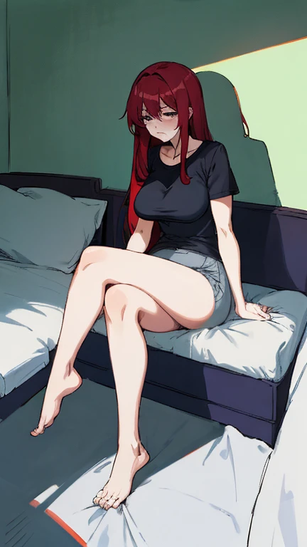 Beautiful girl, one, anime, ginger, bed, girlfriend, tank top, panties, laying down, happy