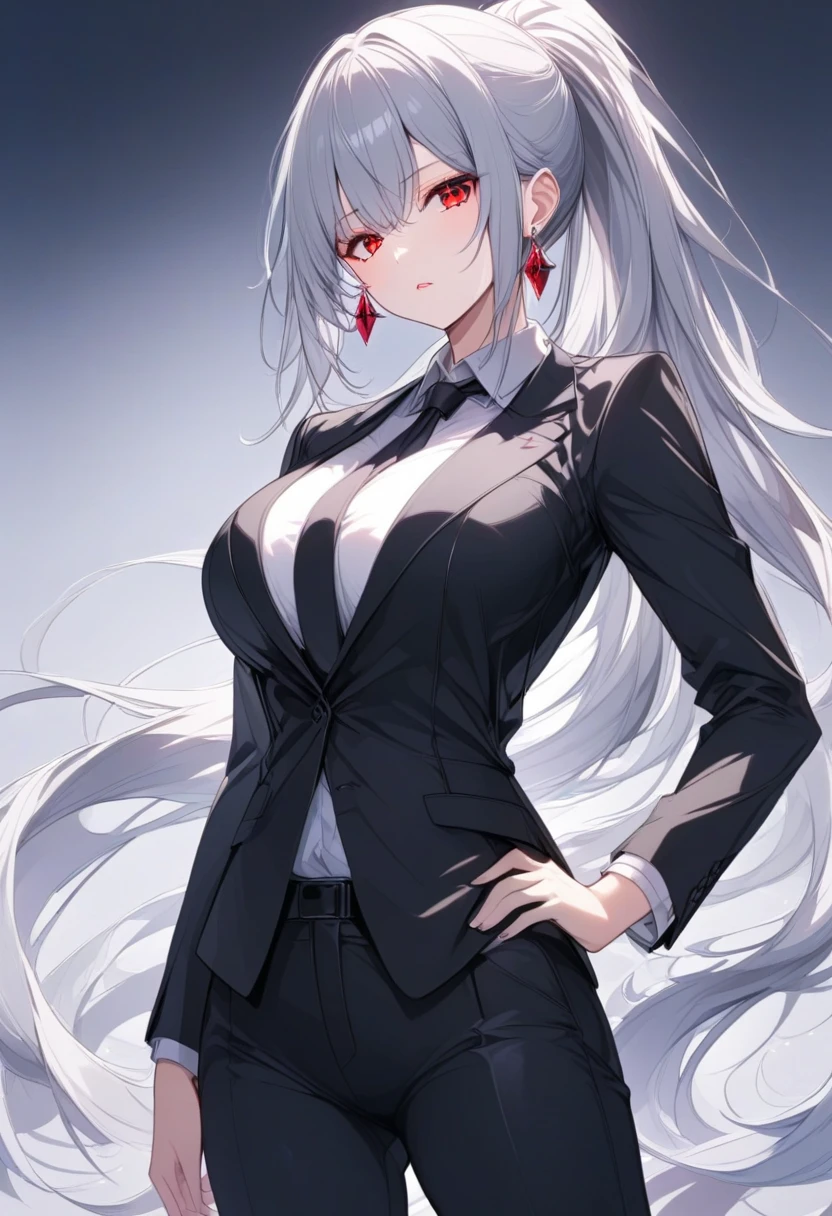 full shot, female , Silver hair , Red eye , Long hair , ponytail hair, large breasts, balanced pelvis, black suit, white blouse, black tie, black pants