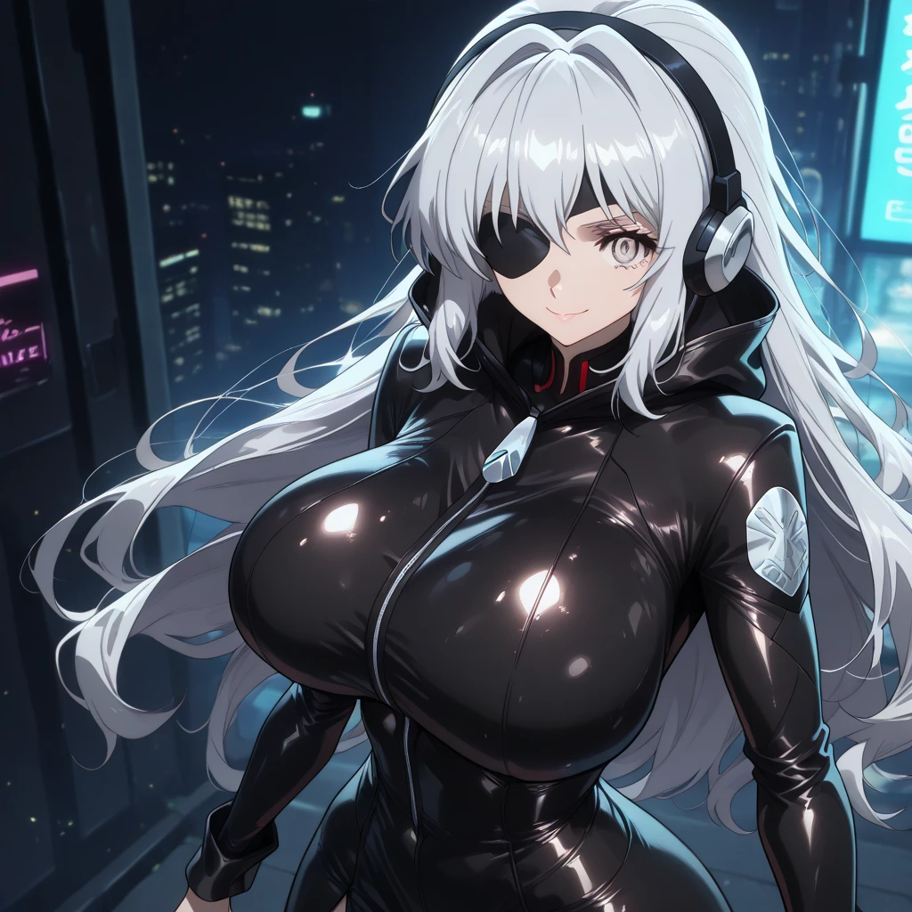 agirl, anime girl, mature woman, silver hair, taimanin, (extra long straight hair), (silver latex suit) ((silver tights)), tights, symmetrical clothing, ( night background), cyberpunk, cyberpunk, (beautiful eyes, sharp eyes, symmetrical eyes, cold face, full body), (high level of detail), perfect proportions, (big breasts), big ass