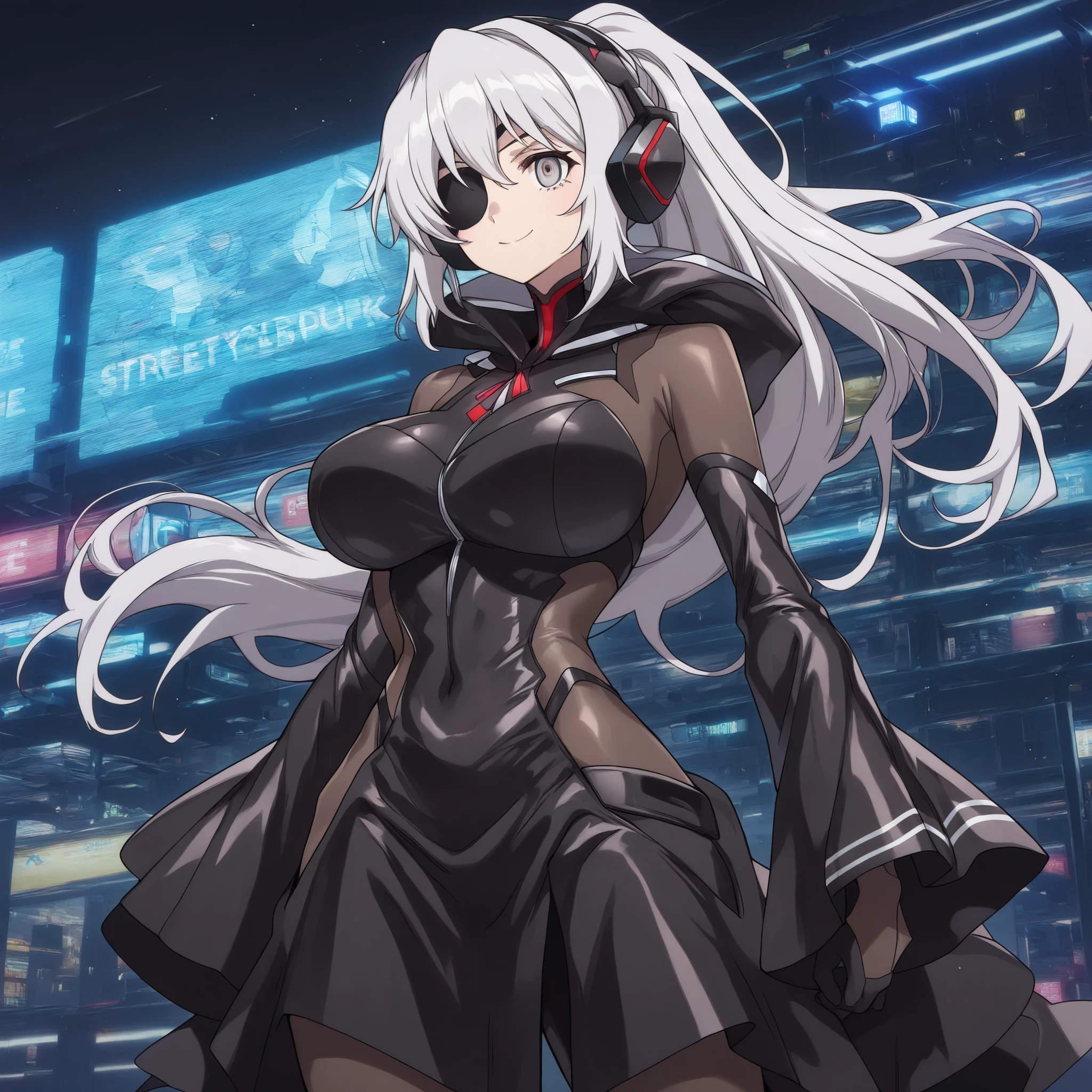 silver eyes、smile、(Very Long Silver Hair、Eye patch、Cyberpunk style、Street Style、Techwear、headphones) 、((raincoat、very big breasts))、anime style、high image quality、high quality、1girl、sexy、NSFW、Dark Core、cowboy shot