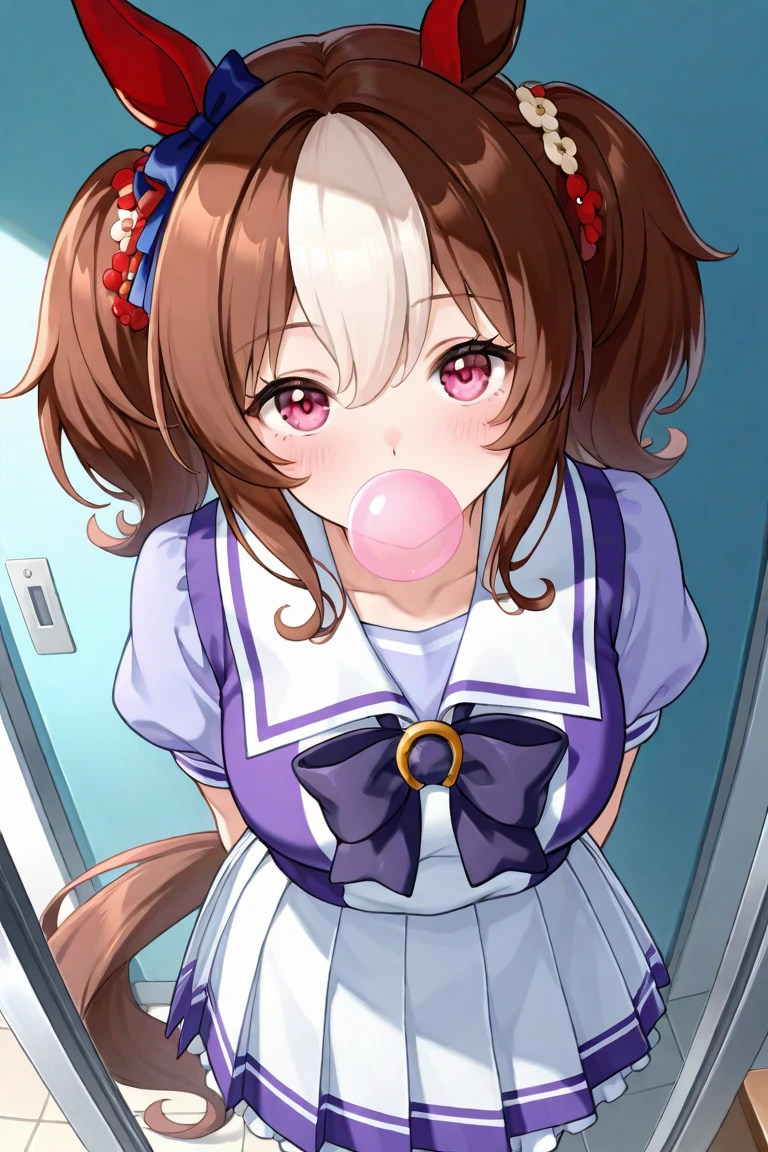 masterpiece, Highest quality, Nico_Yazawa,High resolution, 1 Girl, alone, Brown Hair, short hair, Twin tails、Purple eyes,  , , (Cleavage)、(Beautiful thighs), Carrying a red backpack, (randoseru backpack:1.2) Sweaty、Thick thighs、Highest quality、4K、1girl, 8years old, loli, cute, grin, 、School Swimsuit、on the train、Many passersby are surrounding the girl.、、Thick thighs、Ahegao、Men holding their penises and surrounding girls、Semen from the penis、Bukkake、Bukkake、（Bukkake）projectile cum、Blowjob