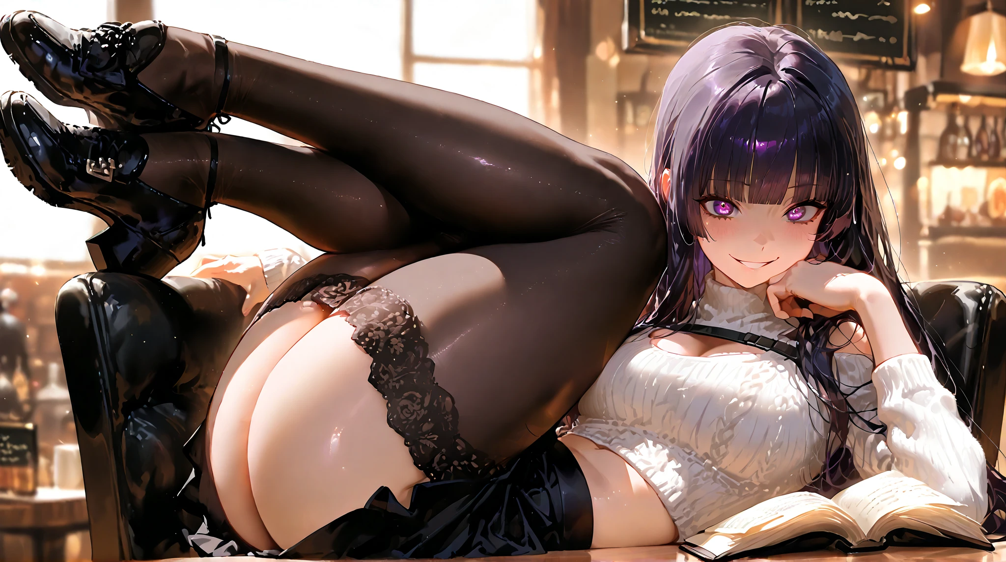 A woman is standing on the floor wearing a gothic ta dress, alone, panties, underwear, skirt, (shiny dark purple satin panties:1.3)、panties that cover the butt、garter belt, Liar, Thighhighs, skirt lift, think back, realistic,cute anime girl,Ideal Style,open leg,focus on butt,crawl on all fours,Highest image quality,Turn around with a serious face,long silver hair ,Lace see-through fabric,(butt crack:1.4) , gigantic butt
