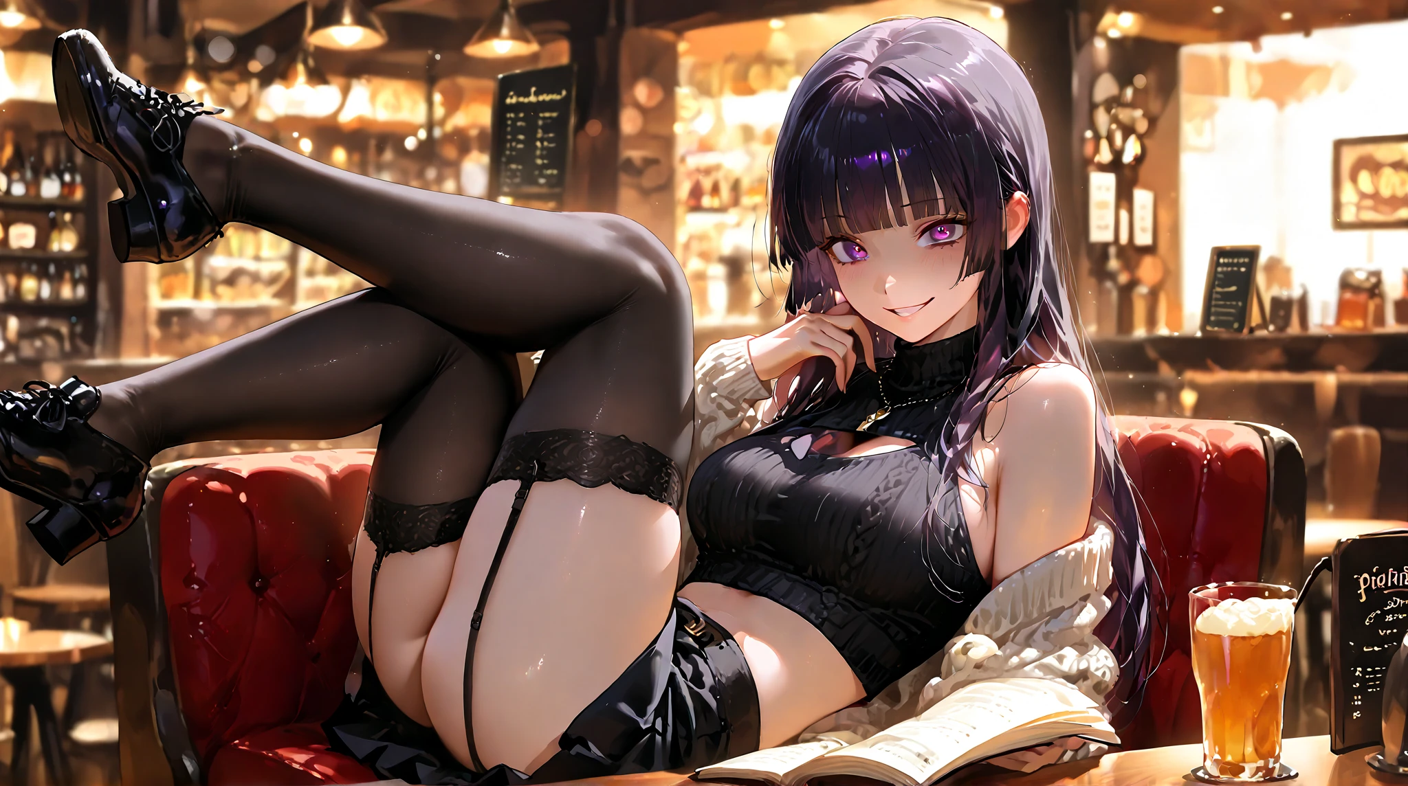 Sheer tank top、Transparent nipples、Big Tits、See-through underwear、pantyhose/stockings、garter belt、Cafe、Coffee shop、Pussy line、Purple Hair