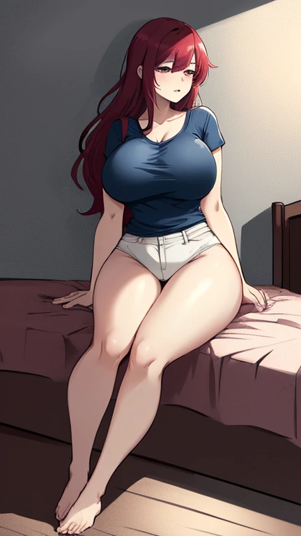 uzumaki_kushina, large_breasts, sitting, bedroom, solo, denim_shorts,, masterpiece, best quality, detailed face, detailed eyes, highres, white shirt , legs cross