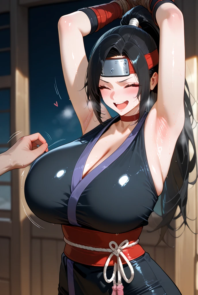 masterpiece, best quality, Ultra-high resolution, Beautiful and fine hair，Delicate face, Perfect female face, Double ponytail hairstyle, Black Hair, (:1.4), Breast sagging, Huge cleavage，Mai Shiranui&#39;Costumes in the King of Fighters game, Hair accessories,(:1.8), Breast sagging, Huge cleavage, Squeeze the accessory breast outward，Chest compressions，Face flushed with shame，transparent，Lying flat on the pink bed，Just finished taking a shower，open mouth，Tights black silk，The outline of the abalone is faintly visible，Female reproductive organs,tétons 