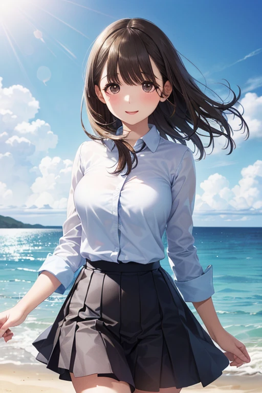 very cute and beautiful girl,White sundress with small frills,(very detailed美しい顔と目:1.2),
cowboy shot,smile,black hair,dynamic pose,dynamic angle,looking at the viewer,
walk on the beach,Steep cliffs in the distance,(highest quality,masterpiece:1.2),(intricate details),very detailed,High resolution,
1 girl,alone,Natural light,hair blowing in the wind,skirt fluttering in the wind,beautiful and detailed sky,