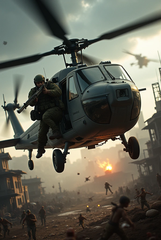 A UH-60 Black Hawk helicopter fires on a horde of zombies