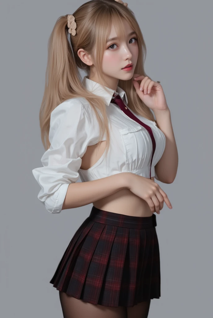 Jeanne D'arc, (business shirts, pleated skirt:1.2), bangs, ponytail, fluttering hair, long wavy hair, long curl hair, blush, gentle smile, tall stature, (flat chest:1.8), (huge hip, thick thighs:1.4), upper body from below, hands on hip, abandoned castle ruins, sunset