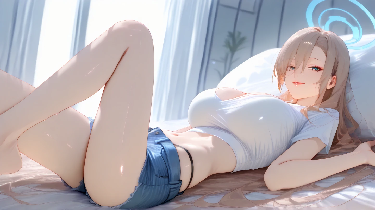 one-girl，Short white top，Beautiful face，Brunette masterpiece，Brightens skin，Long skin-revealing hair，Mini shorts，Dynamic light and shadow，tmasterpiece，The eyes are delicate，pupil realistic，smallunderboob:1.2，(Thigh thick:1.0)