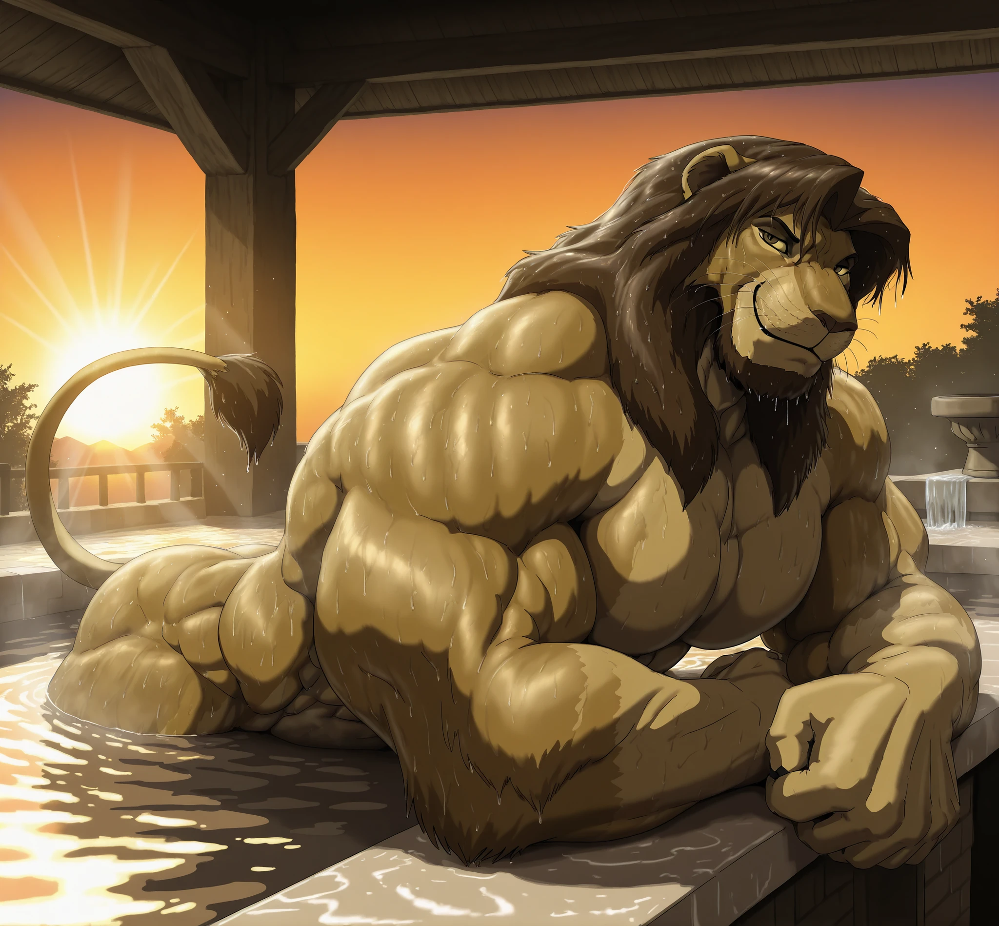 ((masterpiece)), Alone,
anthropomorphic humanoid beast. Male, the lion, mature ((adult)),
very muscular body. dad body, Abs, Big biceps, big and strong pecs. Lion tail, detailed face, with a Whiskers, detailed brown eyes, white sclera,
naked,
bedroom eyes, smile, smirk, Cute smile. Very wet, soaked. Very wet hair soaked with sweat.
Lying in a clear water bath, on stomach, looking at the viewer,
sunset, Lights, light particles, sunbeam,
Medieval bathhouse,
toon \(style\)