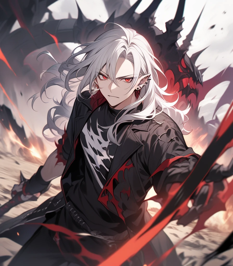 a handsome man with red eyes and white hair, fierce battle, intense action, highly detailed, cinematic lighting, dramatic composition, epic fantasy, grandiose scale, photorealistic, 8k, masterpiece