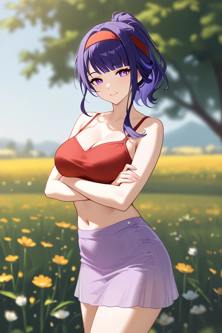best quality, masutepiece, (leaning down:1.2), 1girl em, yuzuriha_(jigokuraku), cabelo roxo, eyes browns, from ninjart, Open your clothes, cleaveage, breasts small, Topknot, medium hair, Chest apart, seducing smile, (blush:1.1), Japanese exterior, temple, A city in the Warring States period, citys (NSFW 1.1), boobs exposed