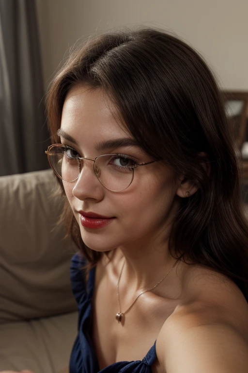 a beautiful young woman with long red hair in a tight buns, soft curves, glasses, blushing, wearing stockings, red panties, extremely detailed face and expression, beautiful detailed eyes, beautiful detailed lips, longeyelashes, realistic, photorealistic, photo-realistic:1.37, (best quality,4k,8k,highres,masterpiece:1.2),ultra-detailed,(realistic,photorealistic,photo-realistic:1.37),portrait,warm colors,soft lighting