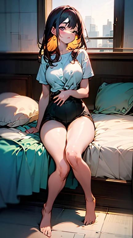 1girl in, Parted lips, blush, makeup, lightsmile, School uniform, Full body, Wide Angle, From  above, crass room, llight rays, Glow, thighs thighs thighs thighs, 鎖骨, Narrow waist, (masutepiece), Wallpaper,Wet body、Lingerie that can be seen even over clothes