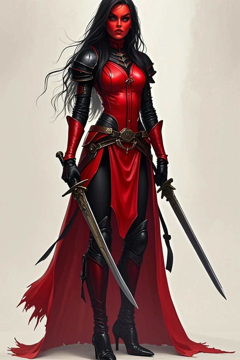 Elden ring, dark fantasy, asian warrior, katana, light armor, woman, black hair, thorns theme outfit, red scheme, blasphemy