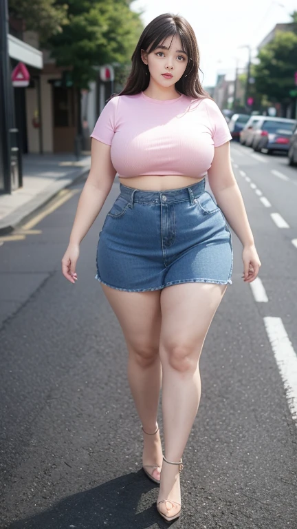 ((best quality)), ((masterpiece)), (detailed), perfect face, araffe woman in a long dark-blue shirt and blue denim skirt walking down a street, thicc, wavy short hair , she has a jiggly fat round belly, bbwchan, wearing tight simple clothes, skinny waist and thick hips, widest hips, her belly is fat and round, soft curvy shape, hyperrealistic full figure, wearing a cute top, wide hips, wearing 10 bracelet , wearing huge diamond necklace