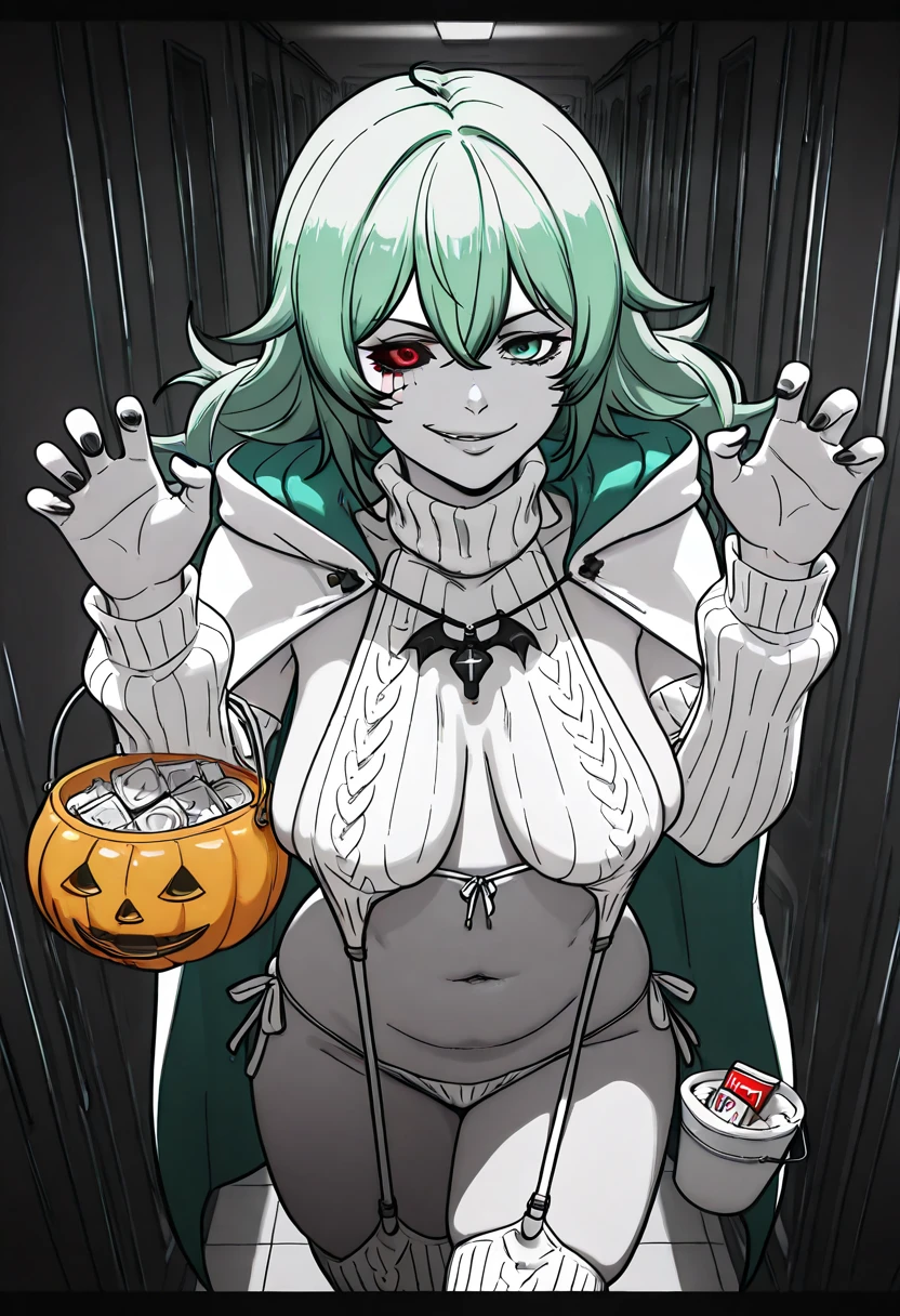 ggstduel, (meme50_(memeya)-style:1.4), (lun7732-style:1.2), ((anatomical correct)), (lineart:1.2), ((monochrome, greyscale, manga-style, spot colors)), comic, score_9, score_8_up, score_7_up, score_6_up, score_5_up, score_4_up, uncensored, detailed background, vignetting, high quality, absurdres, best quality, very aesthetic, newest, digital art, trending on ArtStation, perfect body, perfect eyes, perfect fingers, gasping, heavy breathing, gasping profusely, ((skindentation)), ((curvy)), eto-oa, long hair, green hair, green eyes, heterochromia, ghoul eye, medium breasts, sagging breasts, plump, 1girl, breasts, mature female, solo, navel, virgin destroyer sweater, necklace, standing, claw pose, holding bucket, halloween, looking at viewer, fangs, smirk, collarbone, condom, condom box, thighs, curvy, hallway, dim light, cape, black nails, 3d, cgi