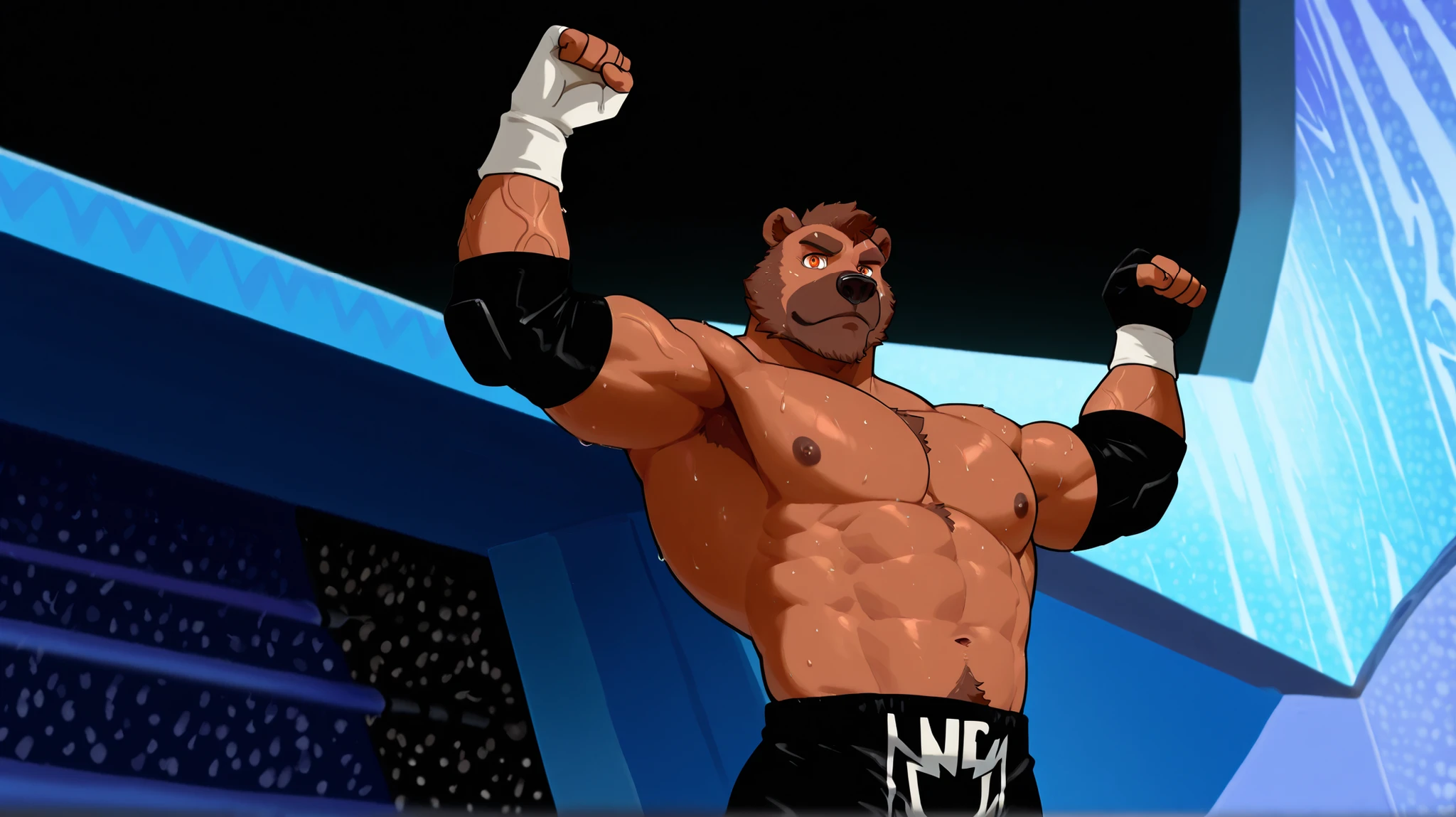 Cartoon lemur dressed like wrestler Lex Luger, with long blonde hair,  cartoon lemur body, shirtless, wearing white trunks and boots, flexing muscles